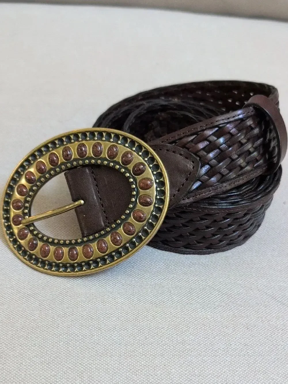 Coldwater Creek Woven Brown Leather Adjustable Belt Decorative Oval Buckle